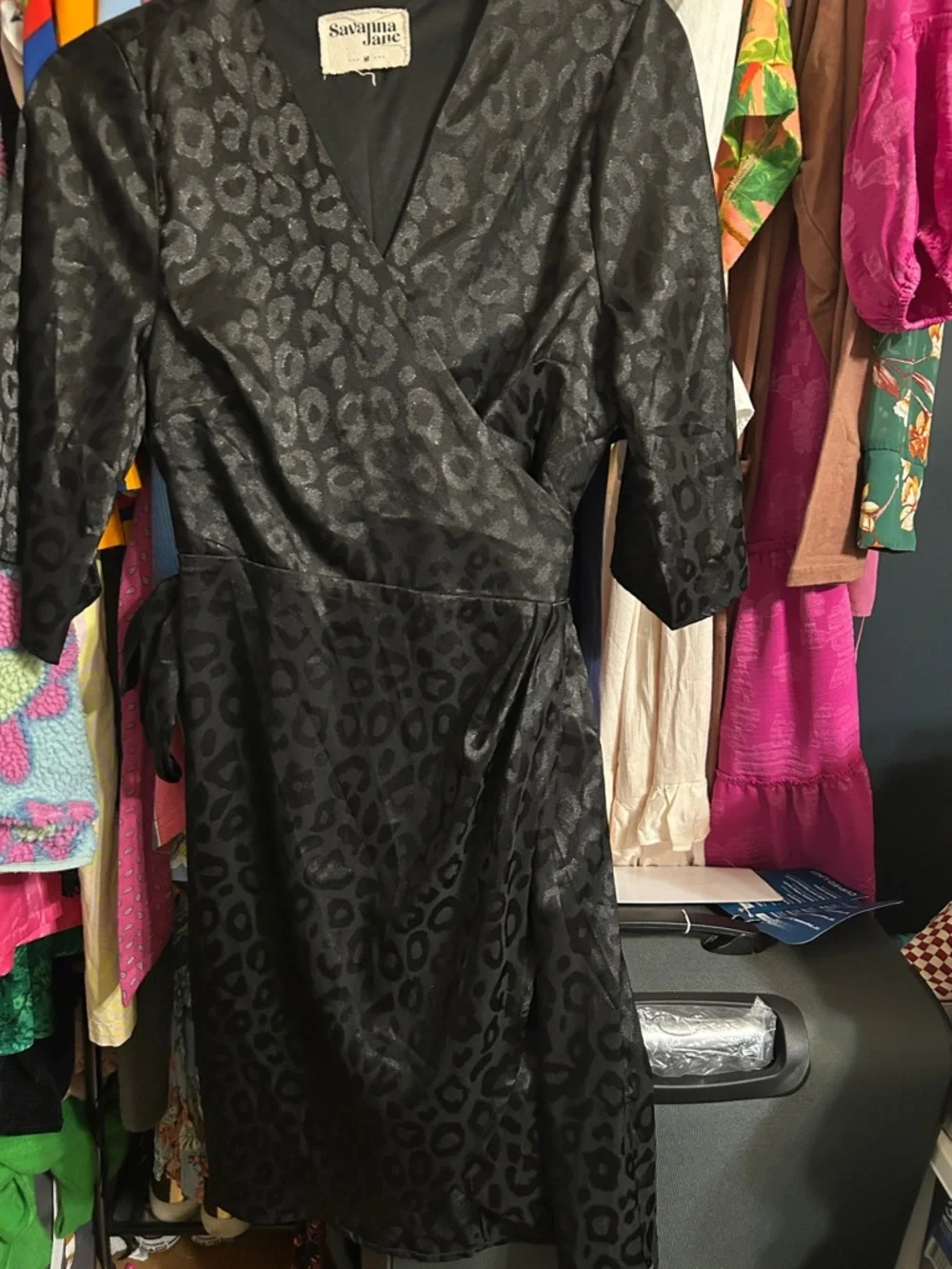 NWOT Savanna Jane black medium cheetah wrap dress little black dress - Picture 4 of 7